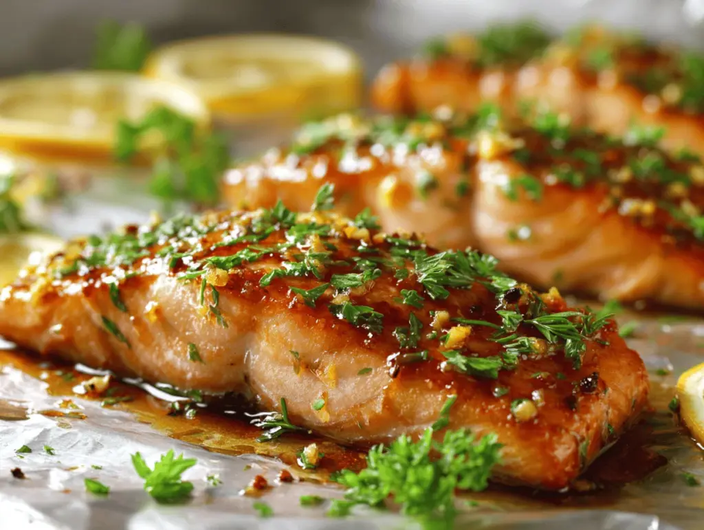 baked honey garlic salmon in foil - featured image