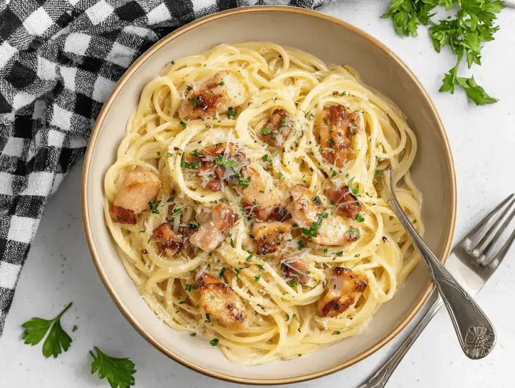 creamy chicken bacon carbonara pasta - featured image
