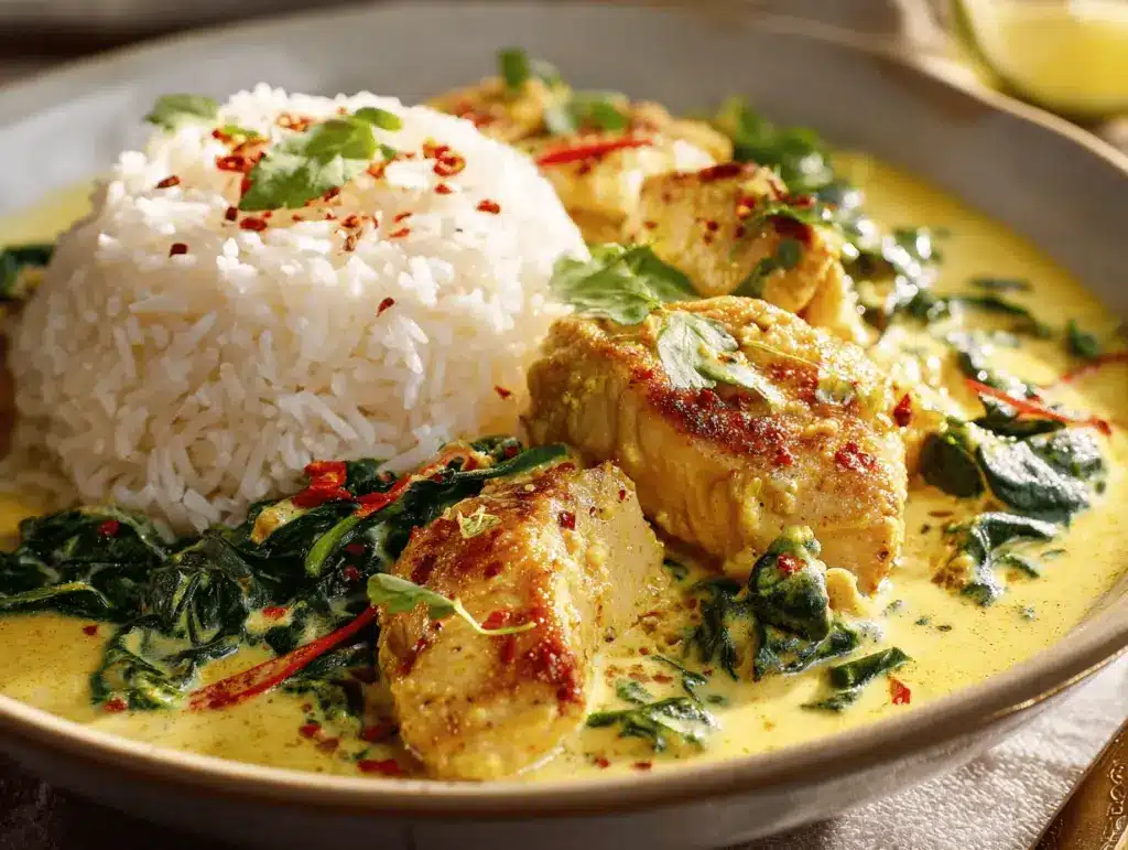 creamy coconut curry chicken bowl - featured image