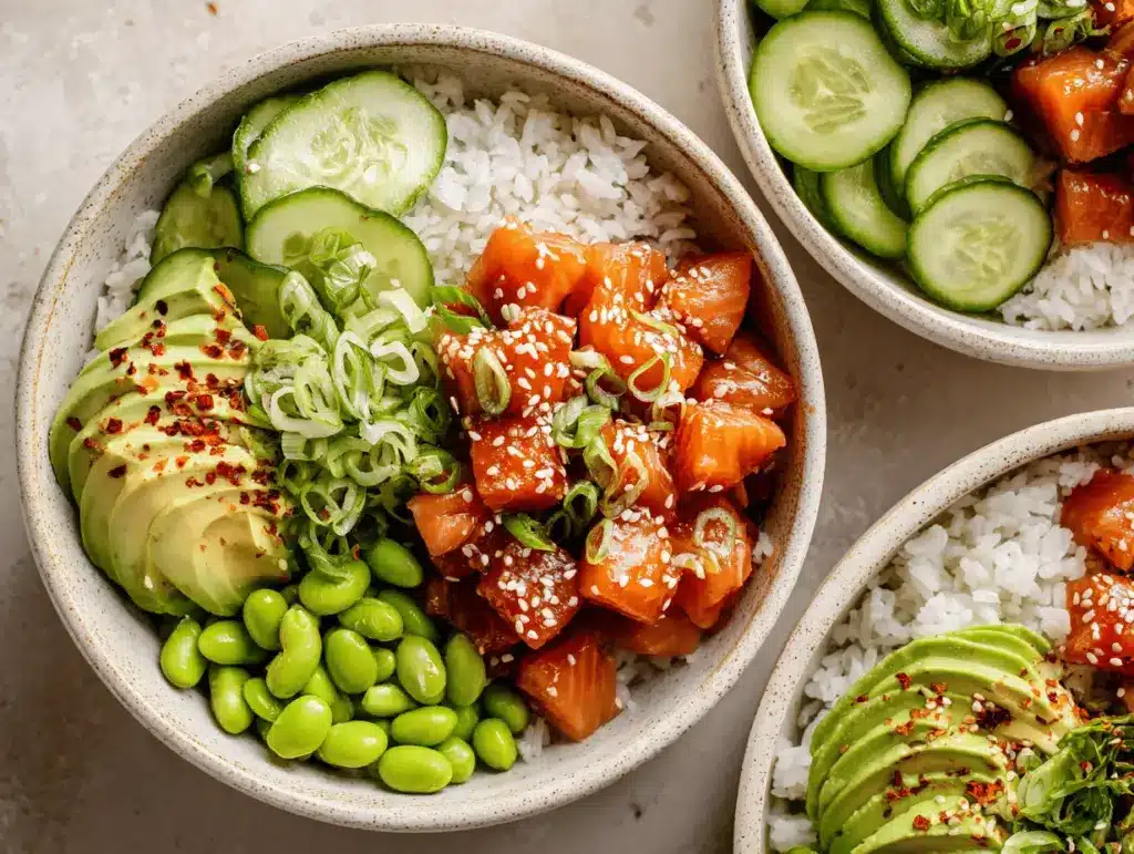 honey sriracha salmon bowls - featured image