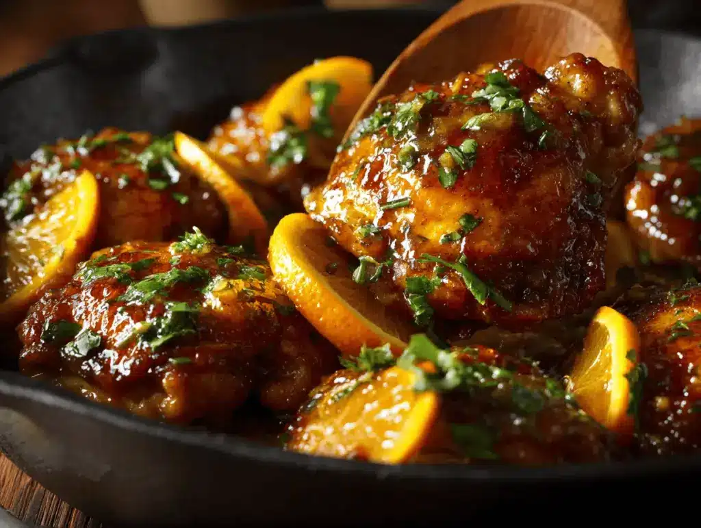 sticky orange glazed chicken skillet - featured image
