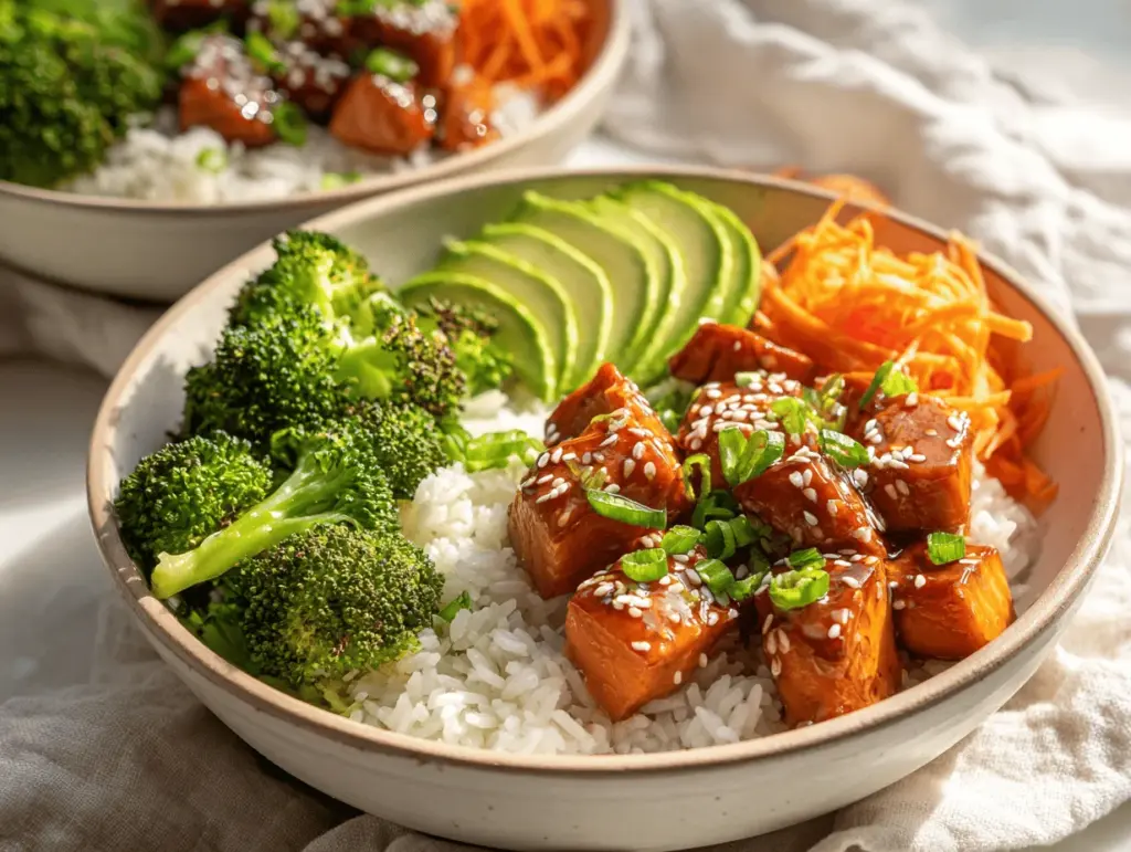 teriyaki glazed salmon bowls - featured image