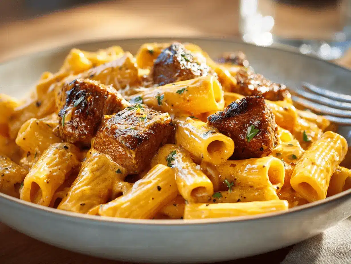 Cajun steak tips rigatoni preparation steps