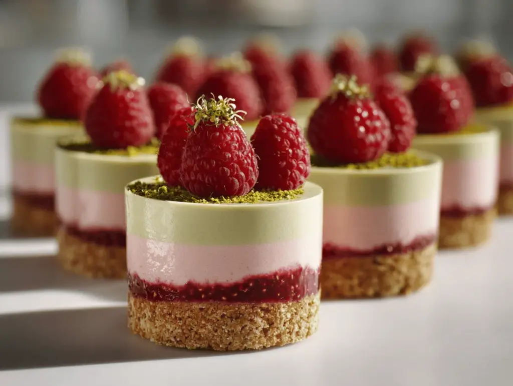 raspberry pistachio mousse cakes - featured image