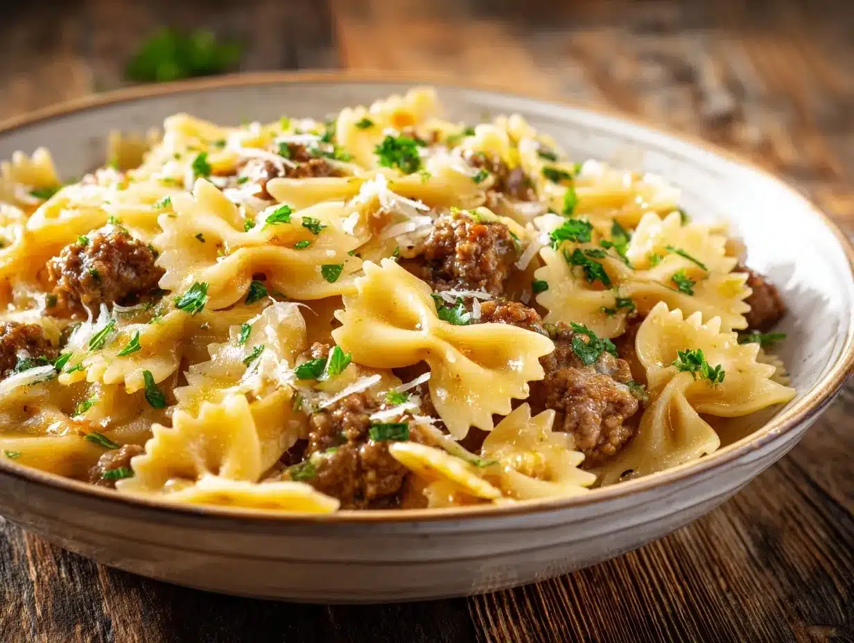 Garlic Butter Beef Bowtie Pasta preparation steps