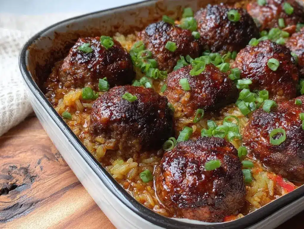 honey garlic meatball rice bake - featured image
