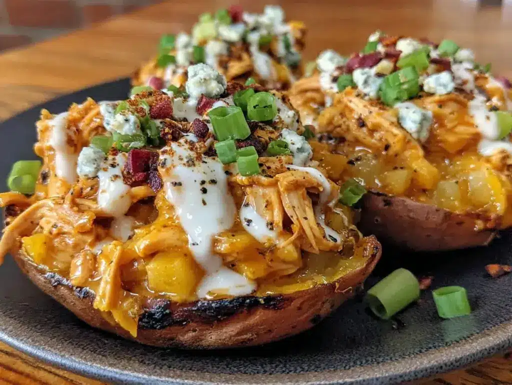 buffalo chicken loaded sweet potatoes - featured image