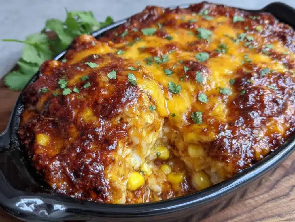 cheesy chicken enchilada rice casserole - featured image