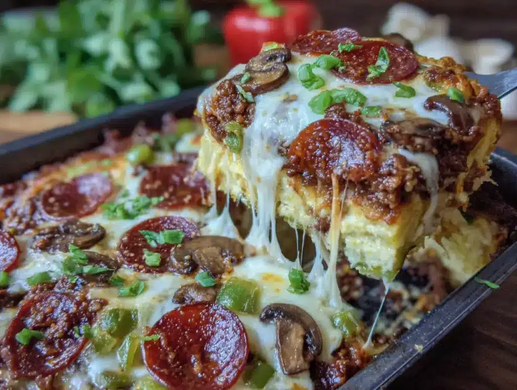 cheesy low carb pizza casserole - featured image