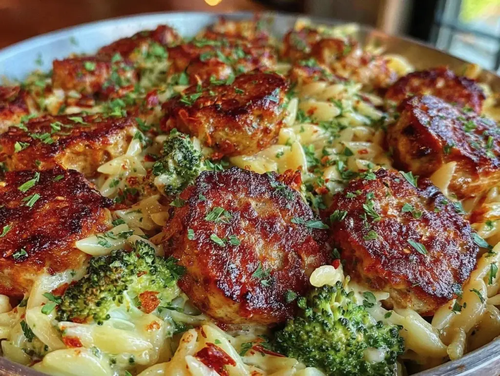 creamy chicken sausage orzo bake - featured image