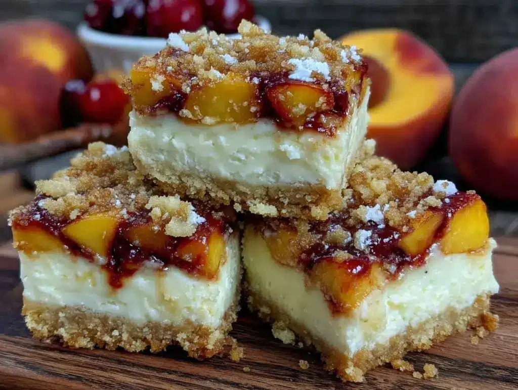 peach cobbler cheesecake bars - featured image