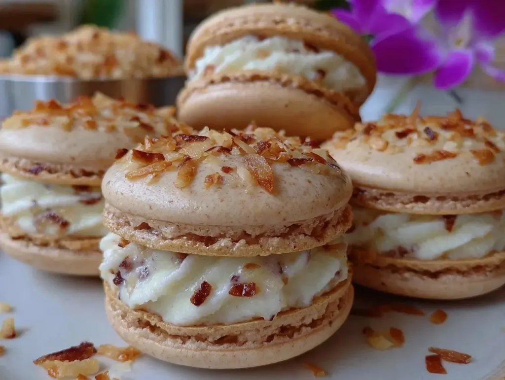 toasted coconut cream macarons - featured image