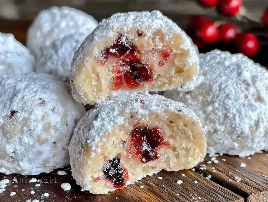 chewy raspberry almond snowball cookies - featured image