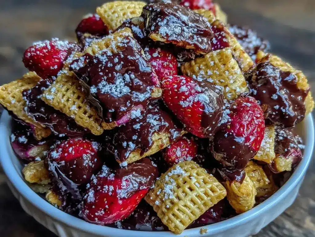 chocolate-dipped strawberry Chex mix - featured image