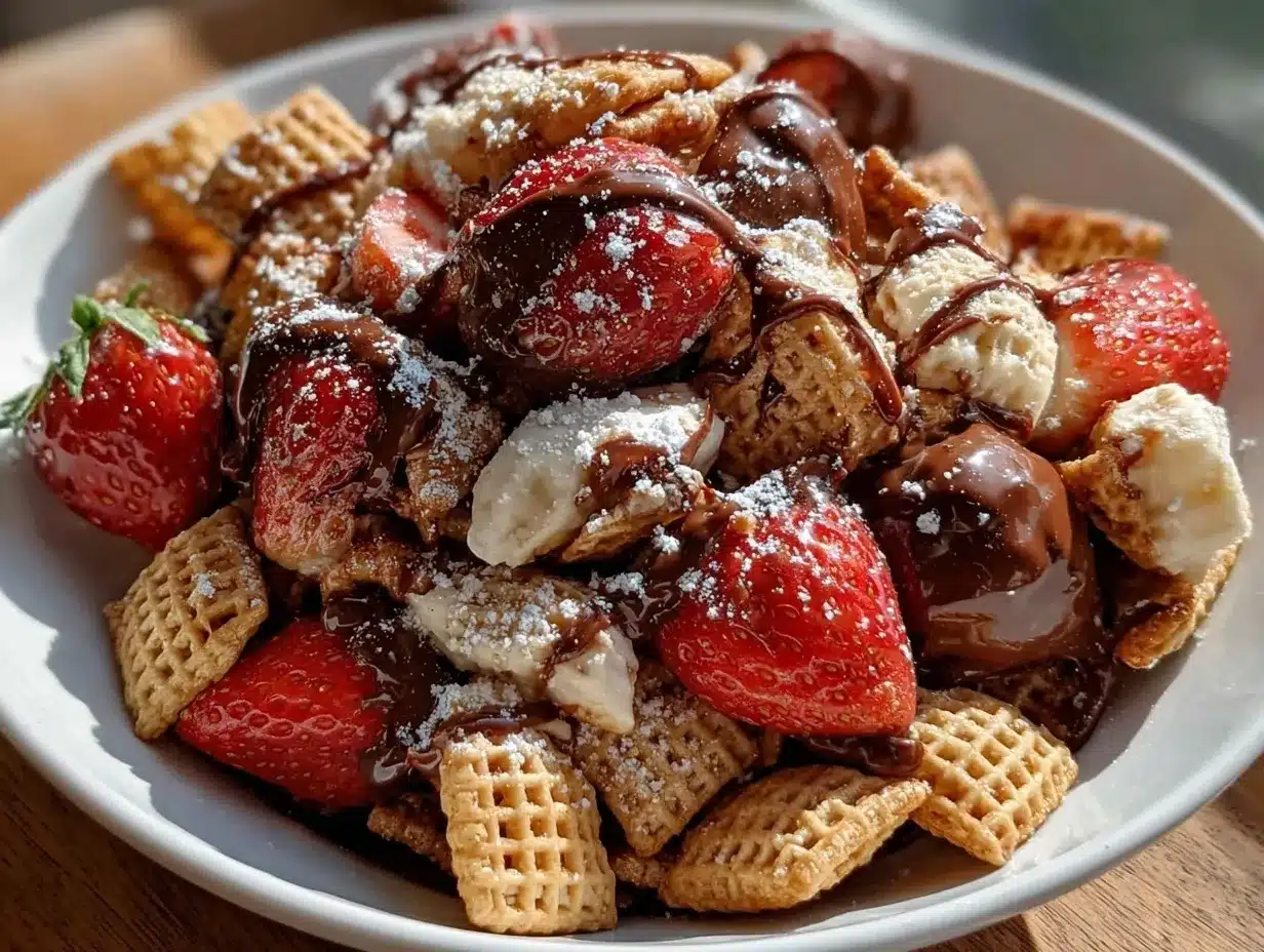 chocolate-dipped strawberry Chex mix preparation steps