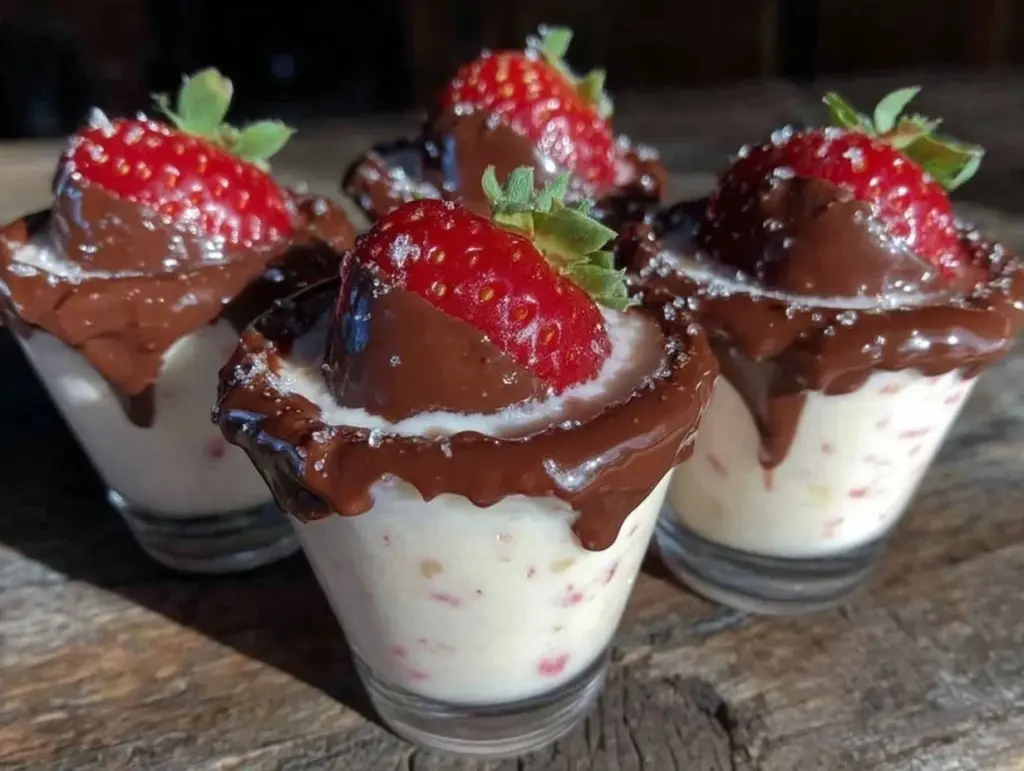 chocolate-dipped strawberry milkshake shooters - featured image