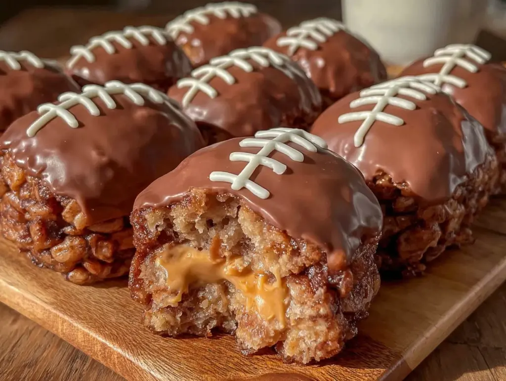 chocolate peanut butter football rice krispie treats - featured image