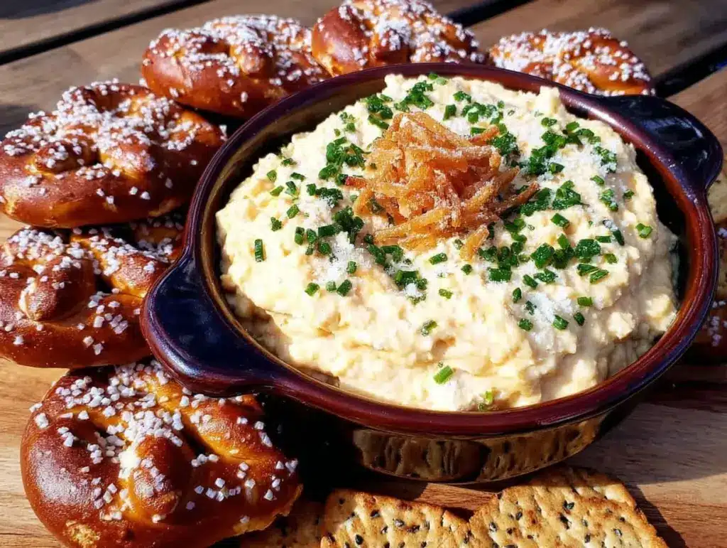 creamy beer cheese pretzel dip - featured image