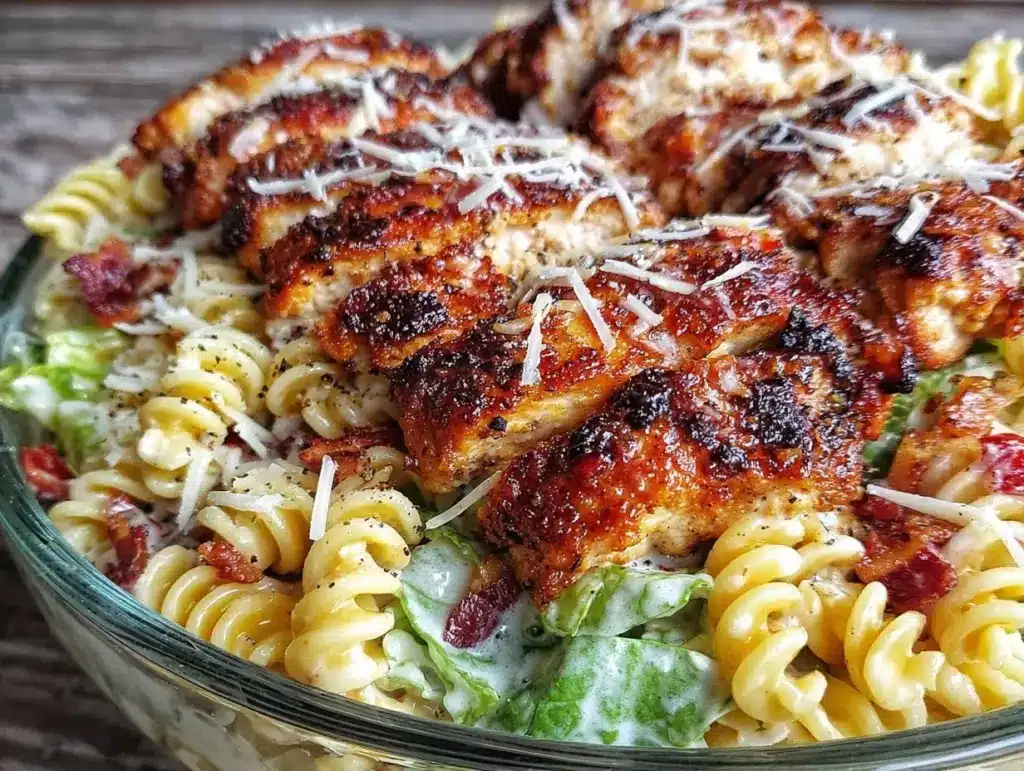 creamy chicken caesar pasta salad - featured image