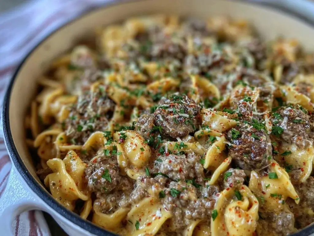 creamy ground beef stroganoff - featured image