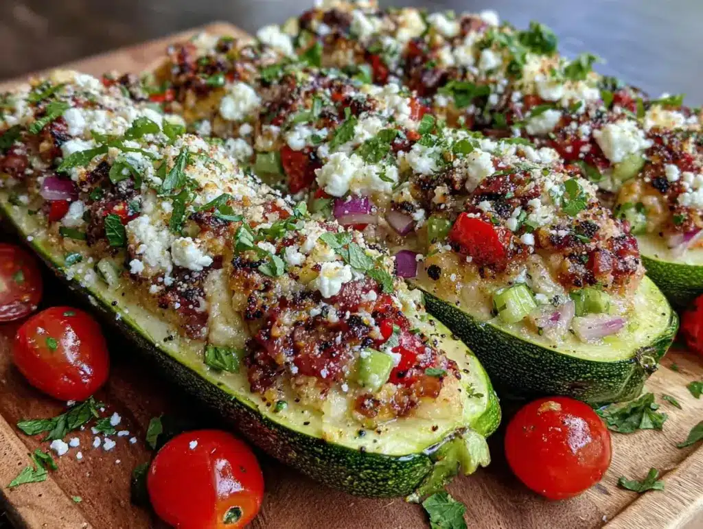 crispy healthy air fryer stuffed zucchini boats - featured image