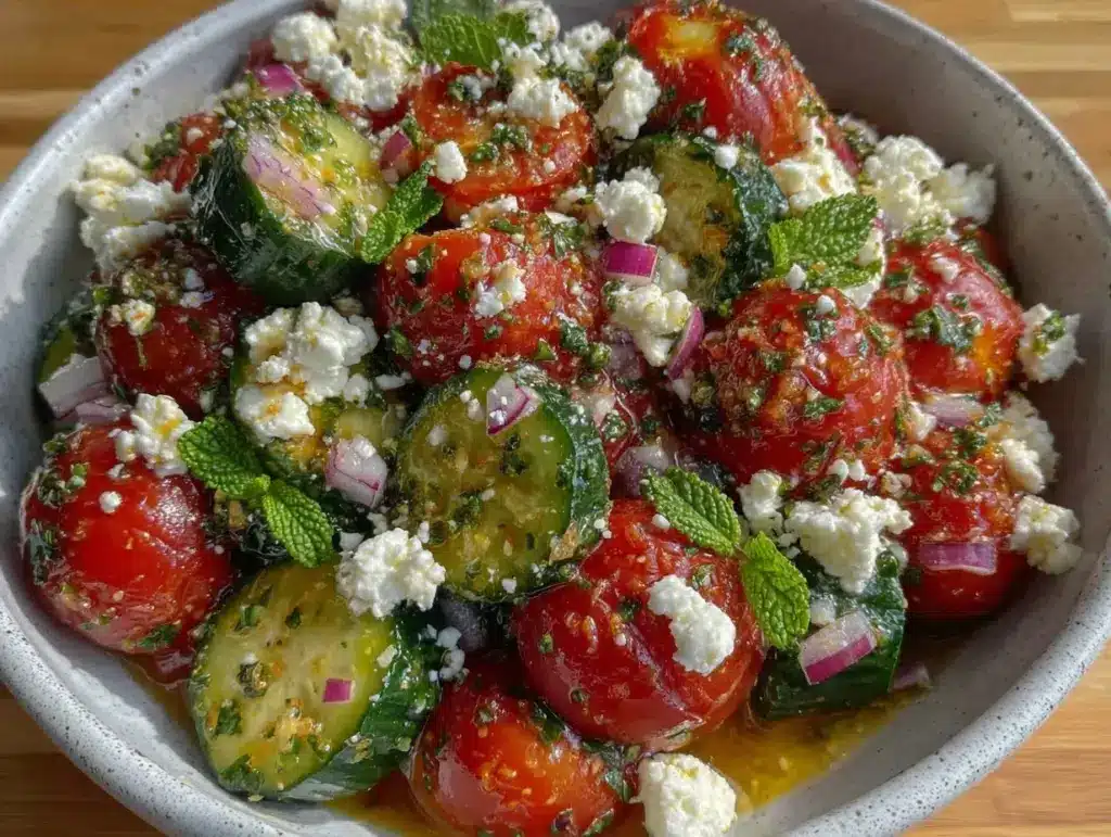 cucumber tomato salad with feta - featured image