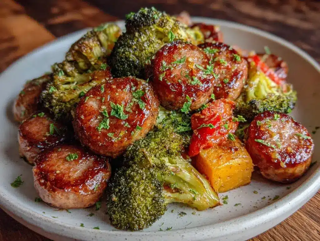 honey garlic sheet pan sausage and sweet potatoes - featured image