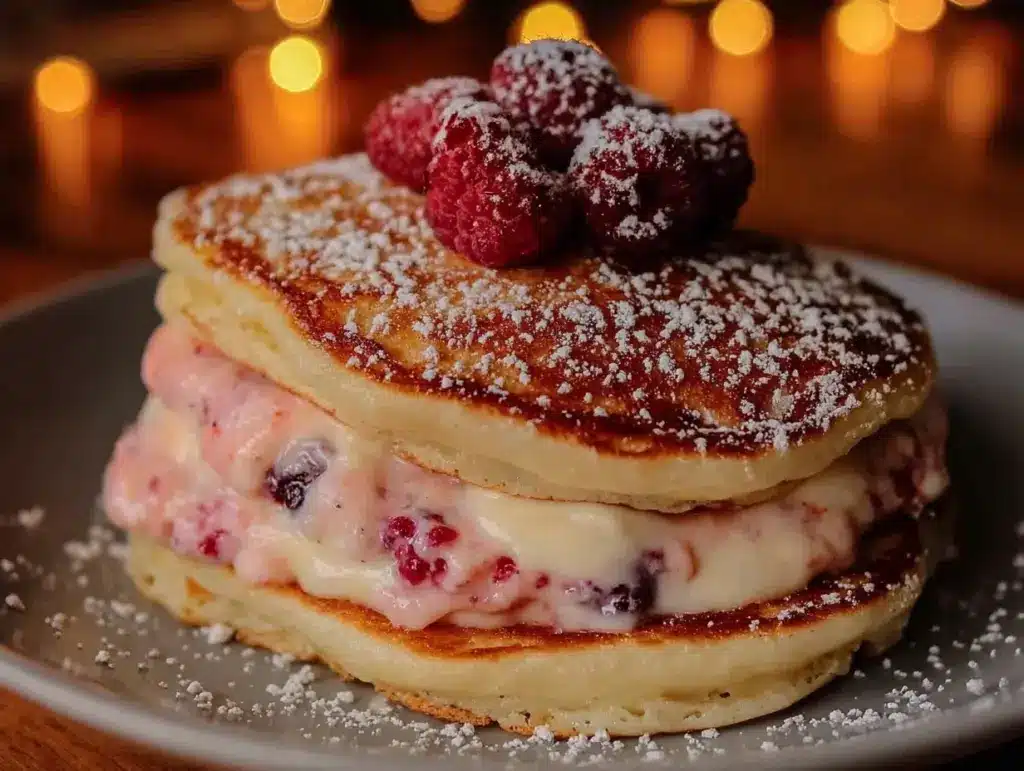 valentines pink pancake stack recipe - featured image