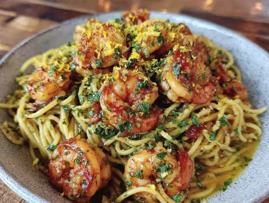 lemon garlic shrimp pasta - featured image