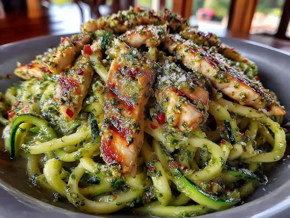 zucchini noodles with pesto and chicken preparation steps