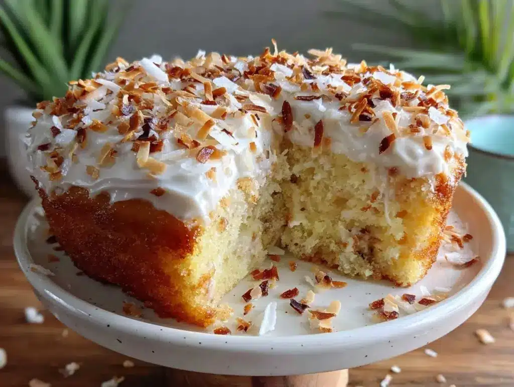 creamy coconut cream poke cake - featured image