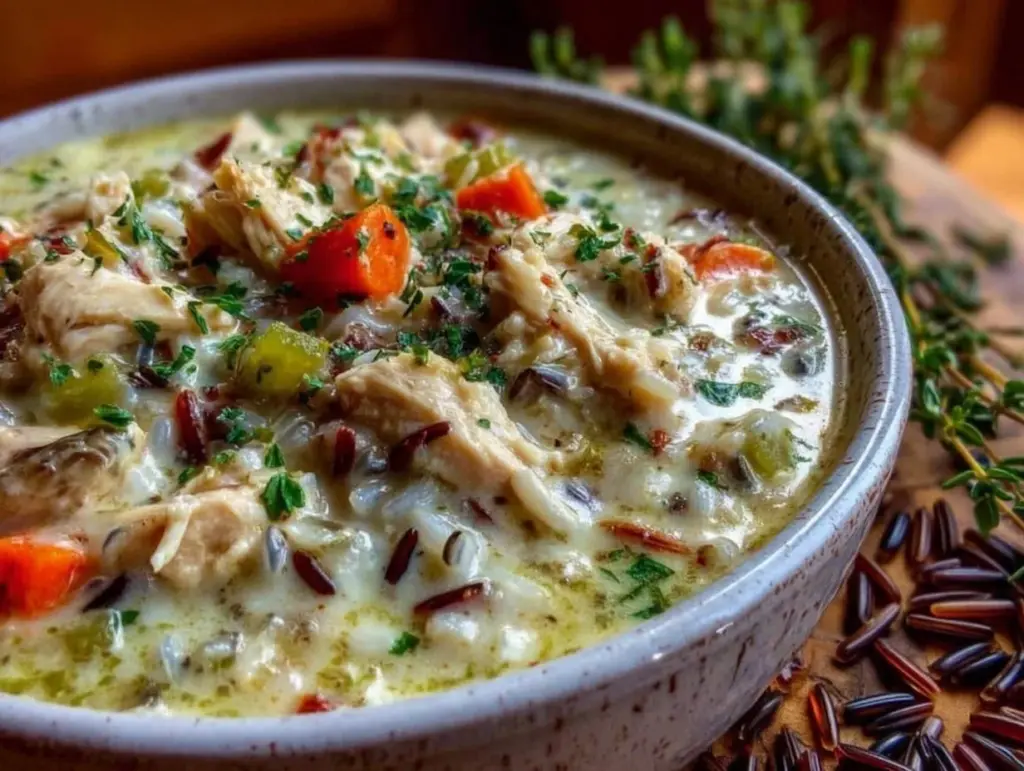 creamy comfort chicken and wild rice soup - featured image