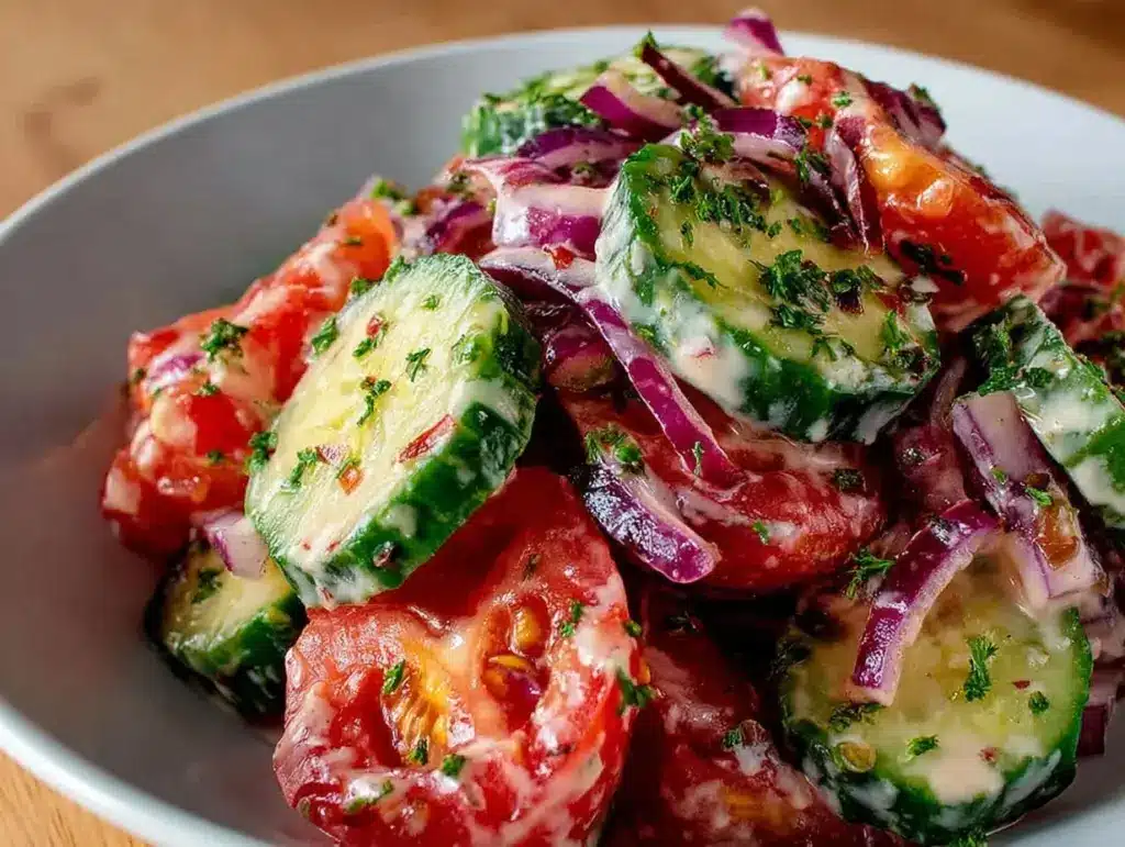 creamy cucumber tomato salad - featured image