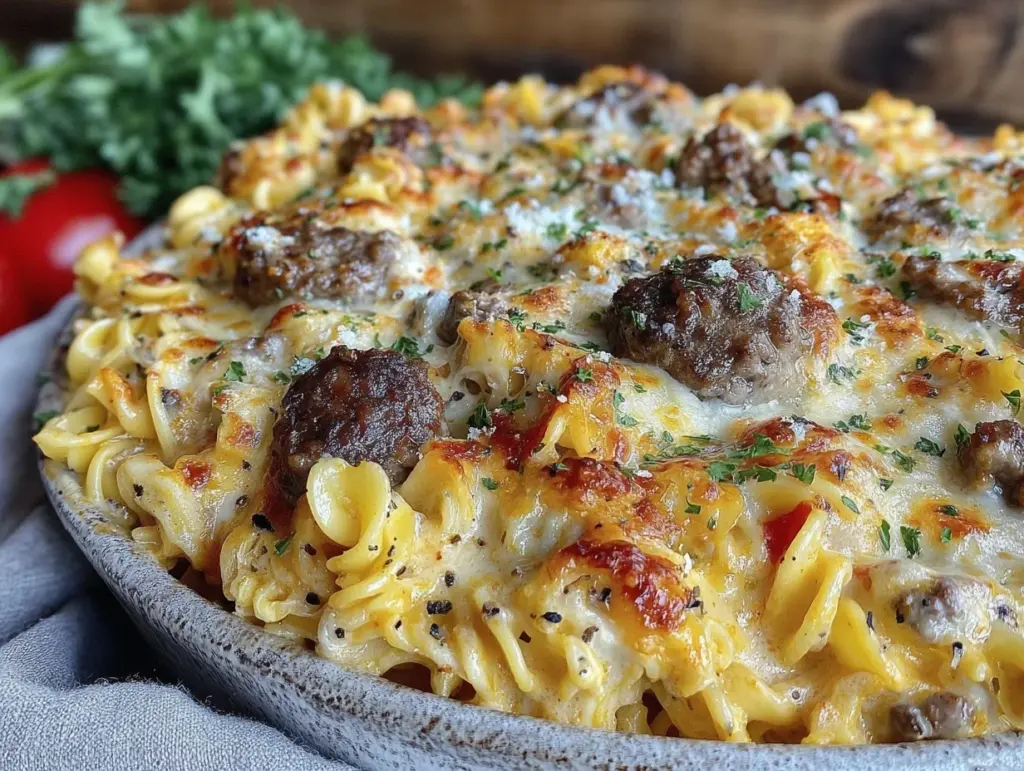 creamy ground beef stroganoff casserole - featured image