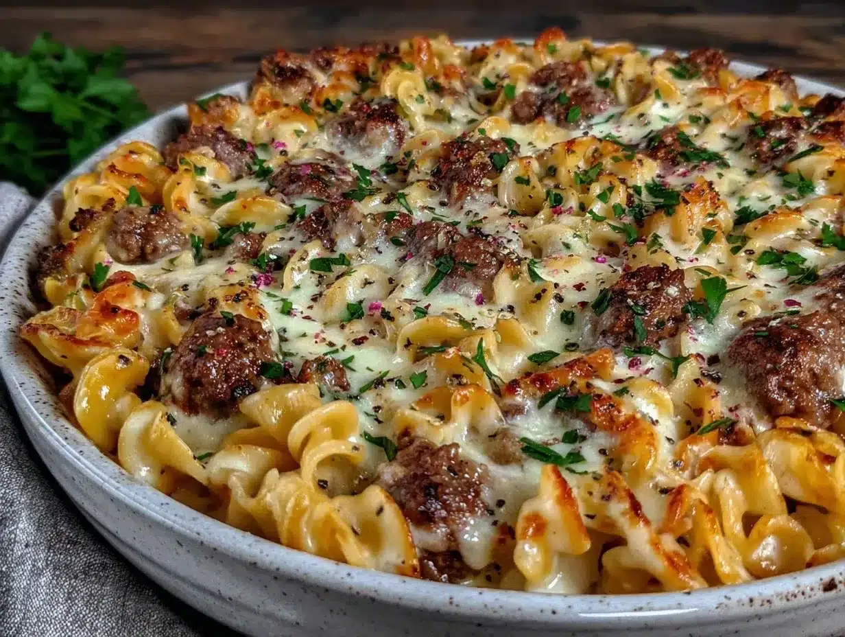 creamy ground beef stroganoff casserole preparation steps
