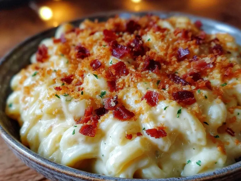 creamy mac and cheese with crispy bacon breadcrumb topping - featured image