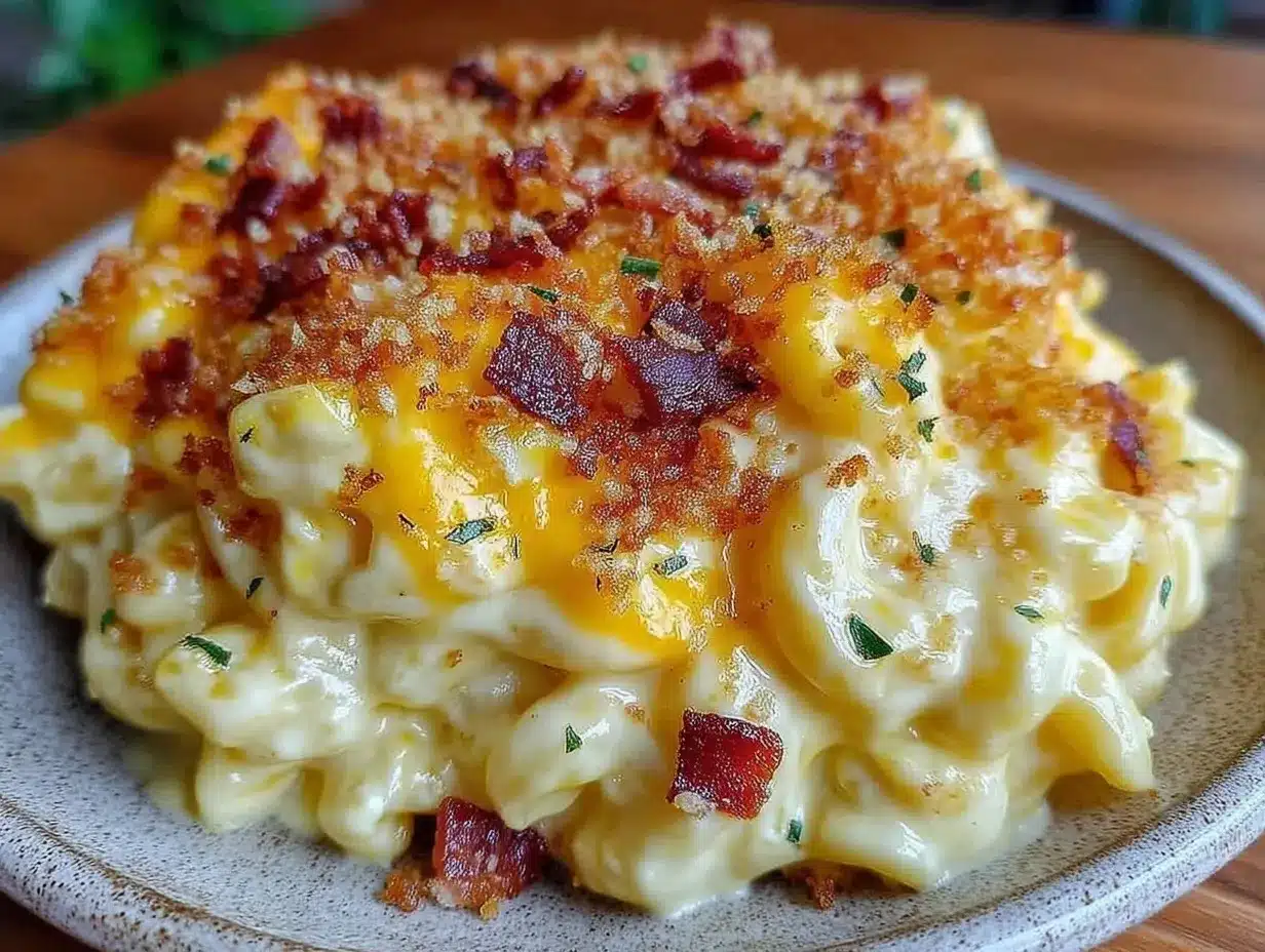 creamy mac and cheese with crispy bacon breadcrumb topping preparation steps