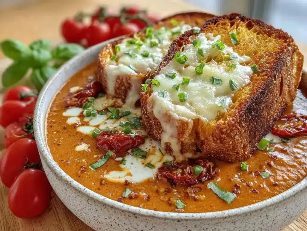creamy roasted tomato basil soup - featured image