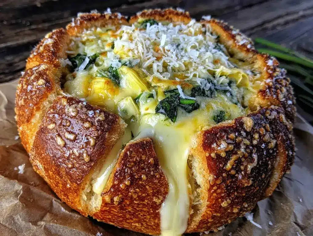 creamy spinach artichoke dip stuffed bread bowl - featured image