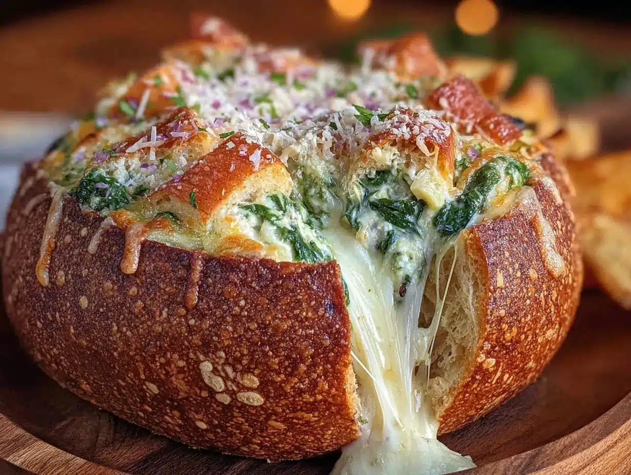 creamy spinach artichoke dip stuffed bread bowl preparation steps