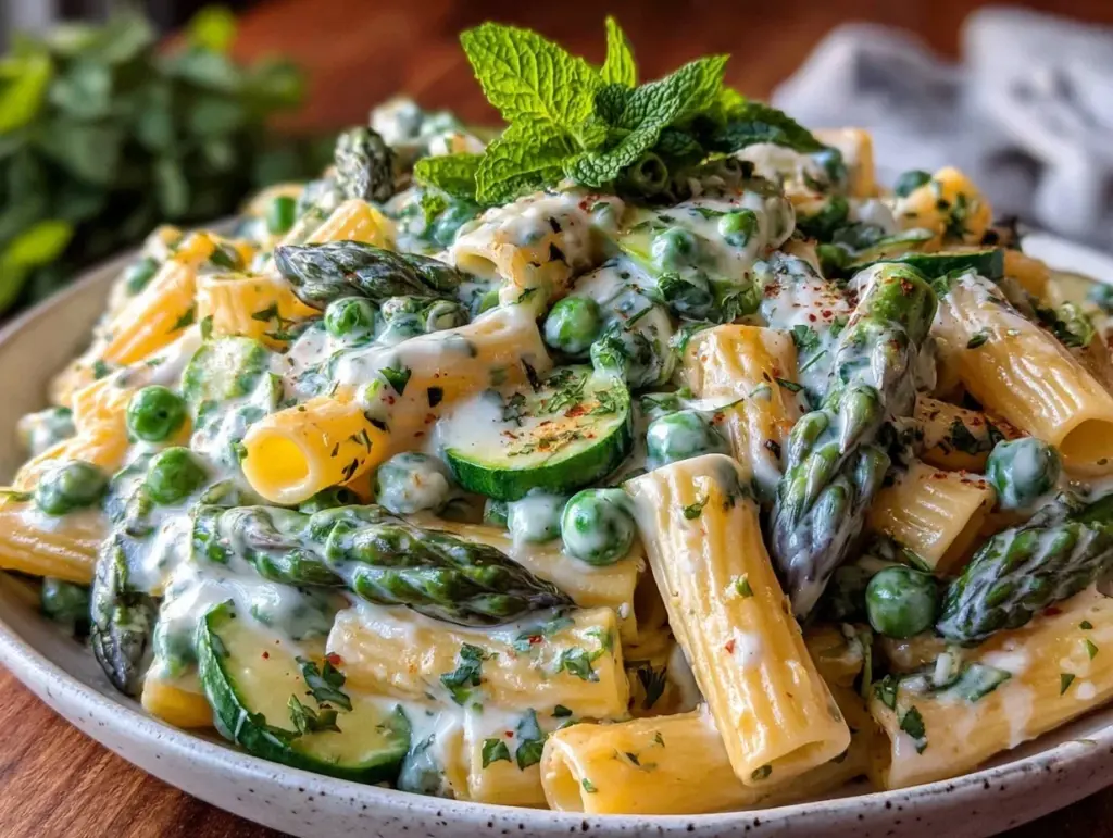 creamy spring vegetable penne - featured image