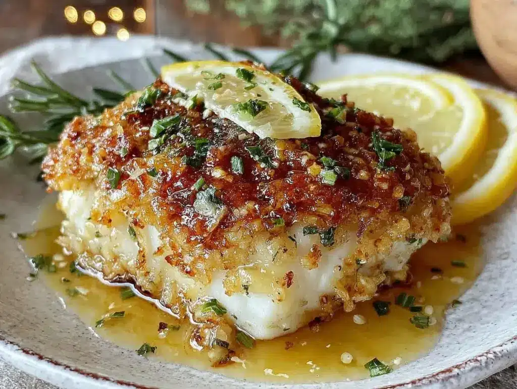 crispy garlic butter baked cod - featured image