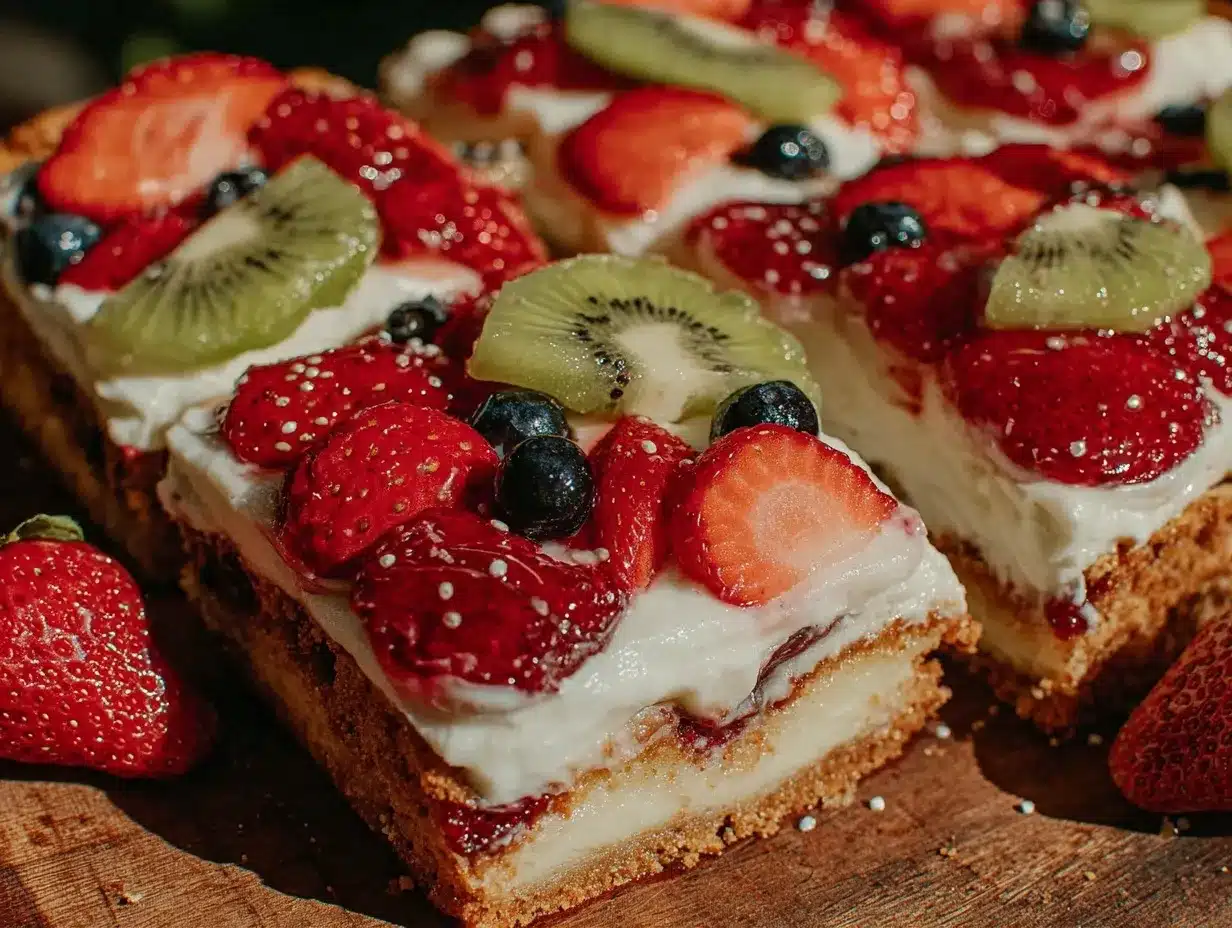 easy fruit pizza sugar cookie bars preparation steps