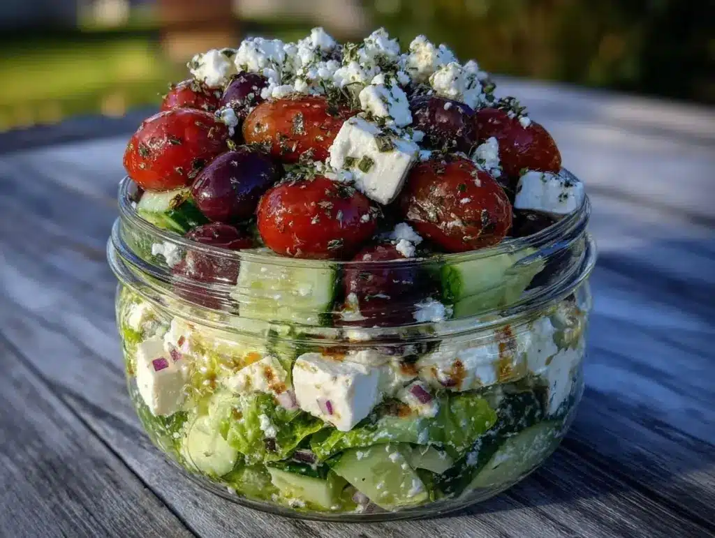 easy mason jar layered Greek salad - featured image