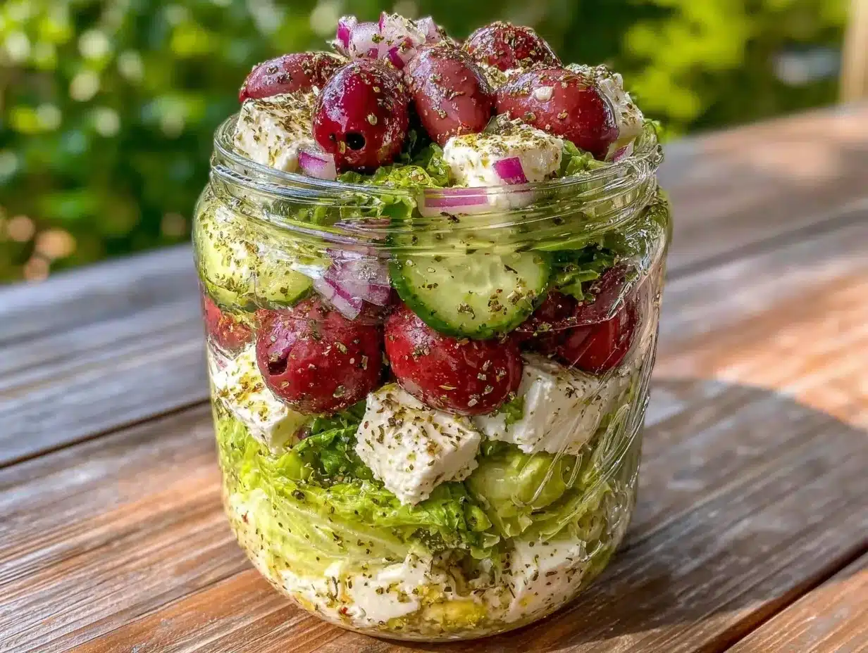 easy mason jar layered Greek salad preparation steps
