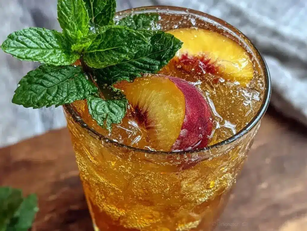 fresh homemade peach iced tea with mint - featured image