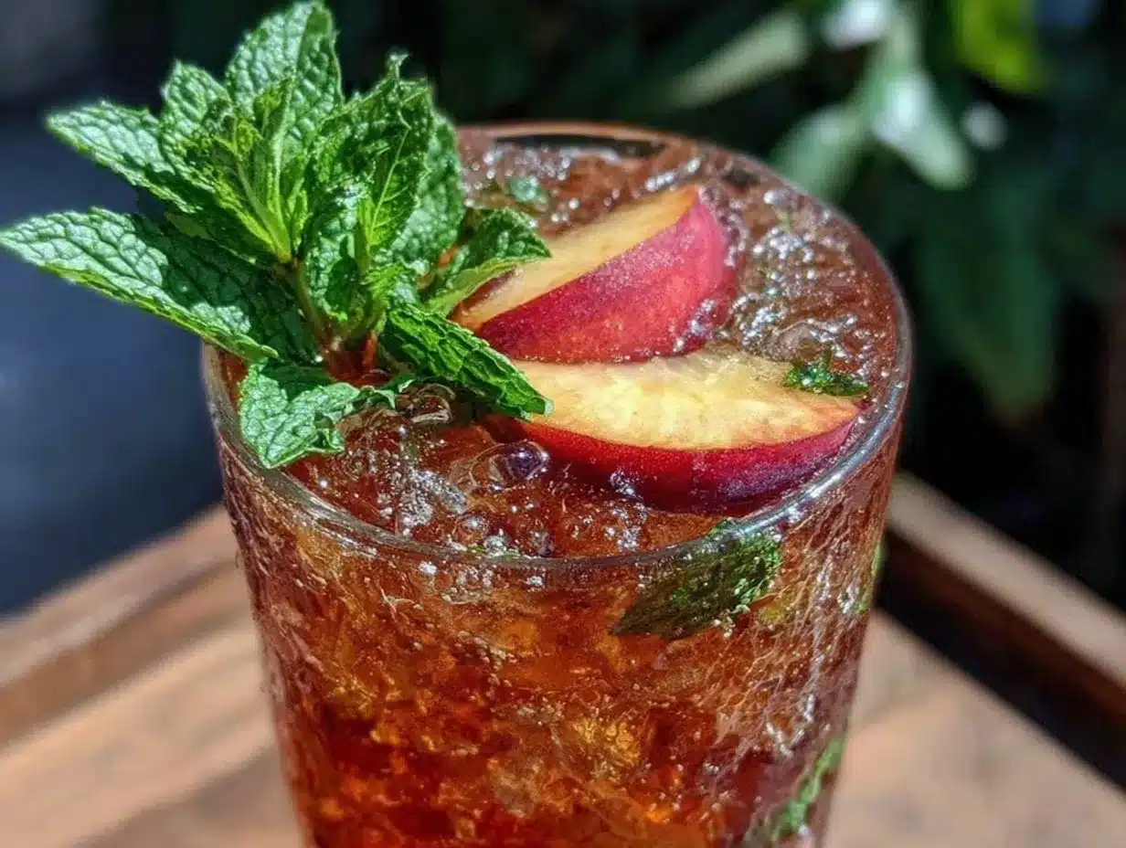 fresh homemade peach iced tea with mint preparation steps