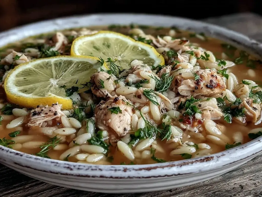 fresh lemony chicken orzo soup with dill - featured image