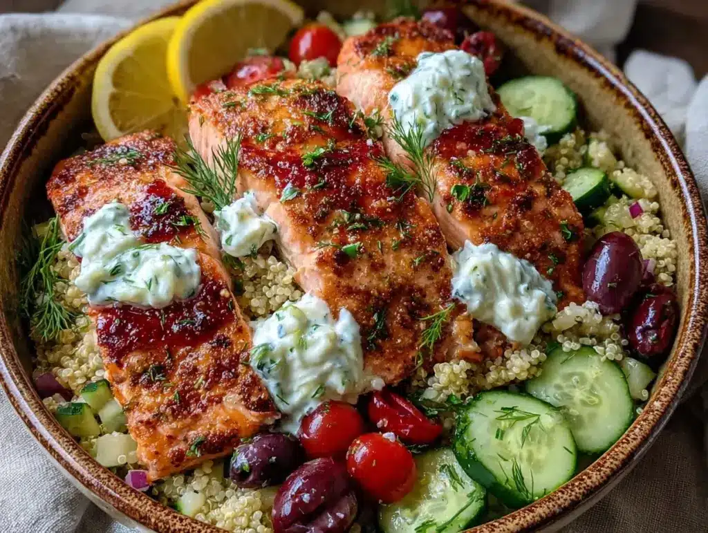 fresh mediterranean salmon bowl - featured image