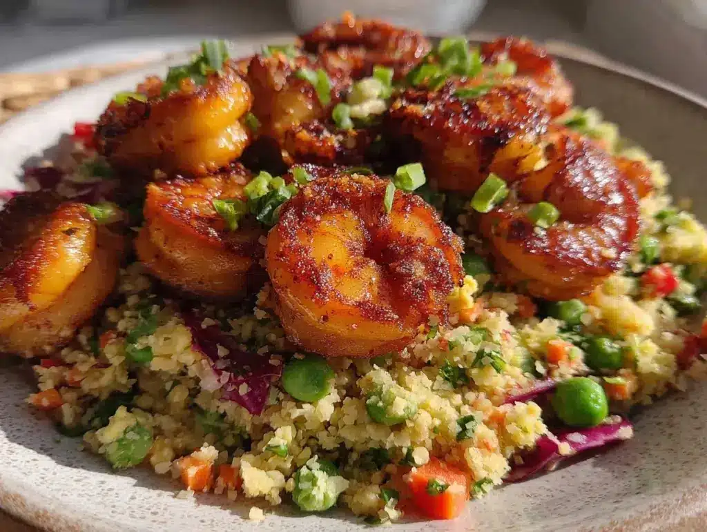 low-carb cauliflower fried rice with shrimp - featured image